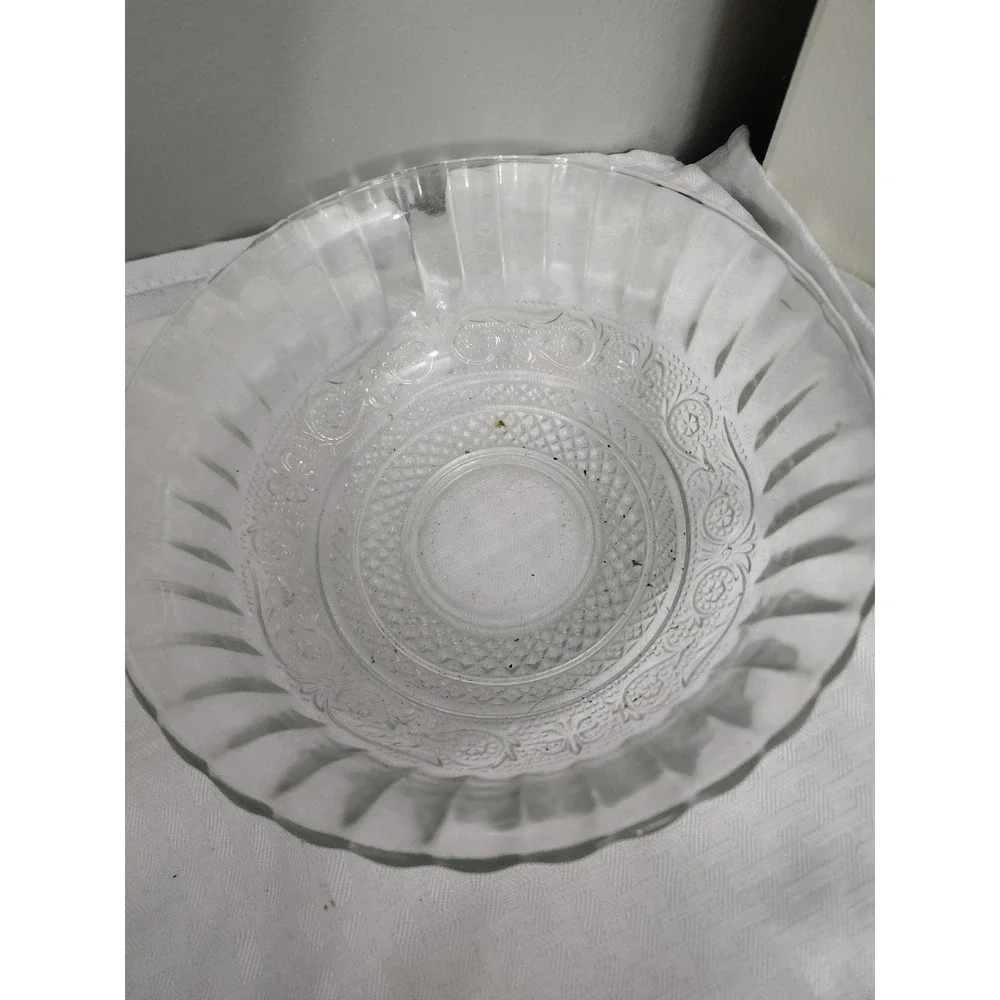 Vintage Clear Pressed Glass Bowl Scalloped Ribbed Edge Embossed Pattern 8 Inch
